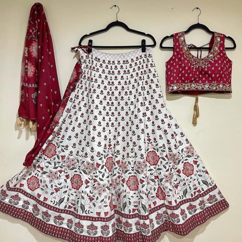Red and white printed lengha set